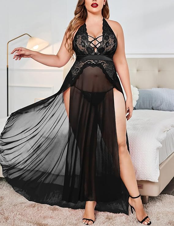 Premium Lace Halter Long Nightgown with Criss-Cross Front