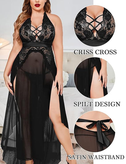 Premium Lace Halter Long Nightgown with Criss-Cross Front