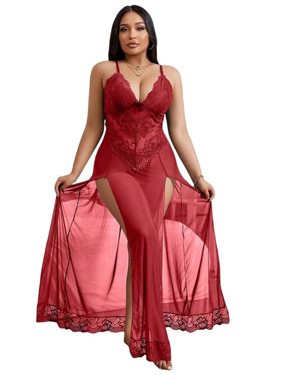 Women’s Plus Size Lace Nightwear Mesh Long Gown with Side Slits