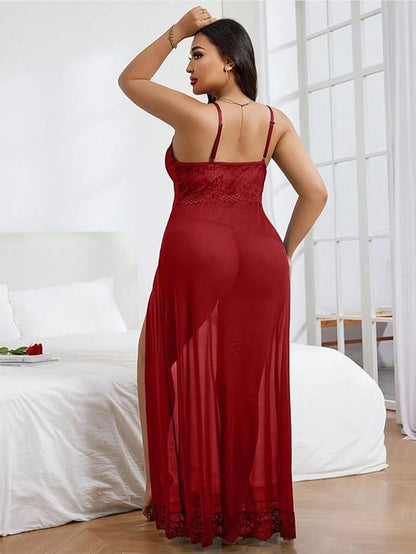 Women’s Plus Size Lace Nightwear Mesh Long Gown with Side Slits