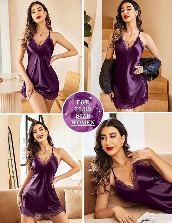 Women’s Sexy Satin Sleepwear Lace Chemise Full Slip Nightwear