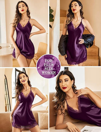 Women’s Sexy Satin Sleepwear Lace Chemise Full Slip Nightwear