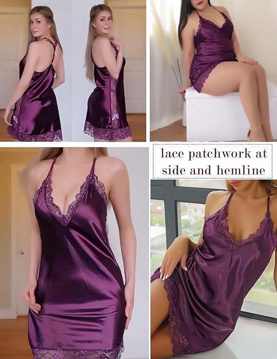 Women’s Sexy Satin Sleepwear Lace Chemise Full Slip Nightwear