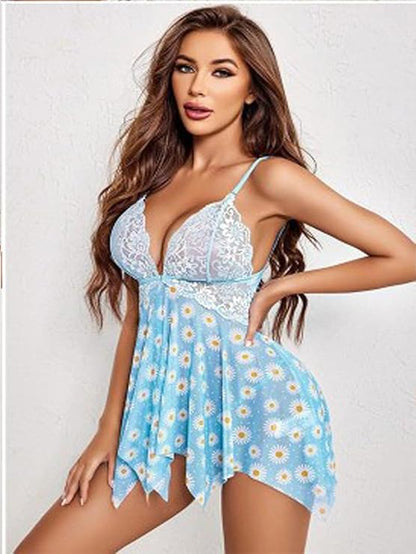Blue Daisy Print with Lace Trim & Asymmetric Hem Women’s Floral Babydoll Nightwear