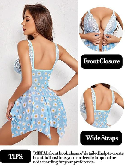 Blue Daisy Print with Lace Trim & Asymmetric Hem Women’s Floral Babydoll Nightwear