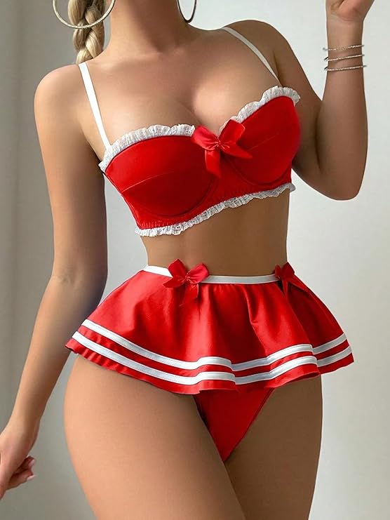 Elegant Lace Lingerie Set with Skirted Panty – Romantic Honeymoon Nightwear for Women