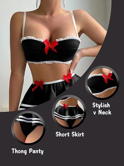 Elegant Lace Lingerie Set with Skirted Panty – Romantic Honeymoon Nightwear for Women