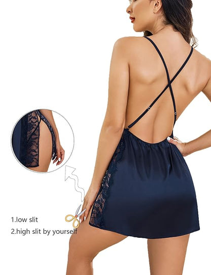Women’s Lace Trim Babydoll Nightwear V-Neck Bridal Sheer Lingerie Nighty