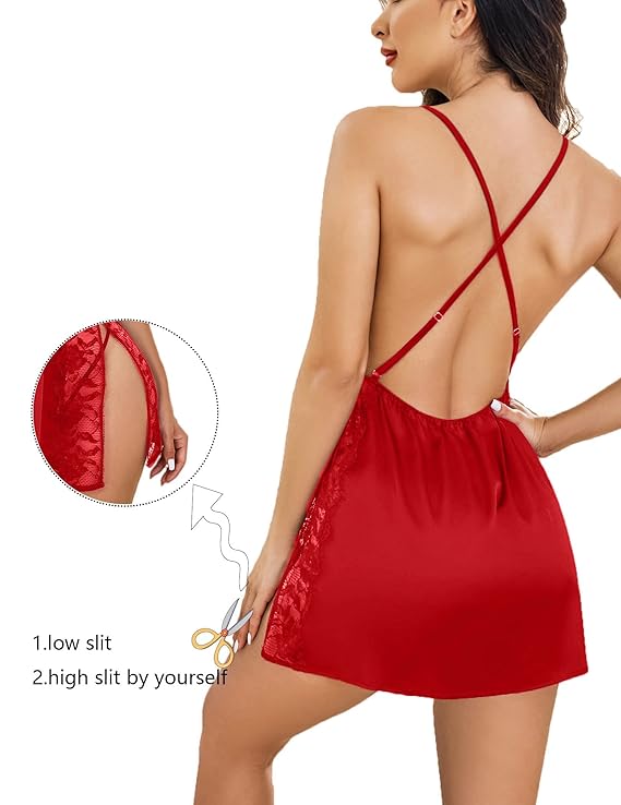 Women’s Lace Trim Babydoll Nightwear V-Neck Bridal Sheer Lingerie Nighty