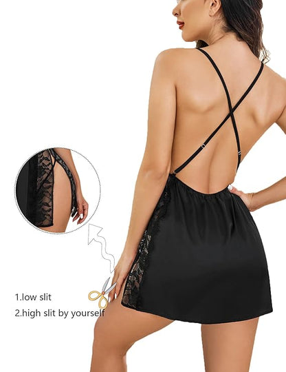 Women’s Lace Trim Babydoll Nightwear V-Neck Bridal Sheer Lingerie Nighty
