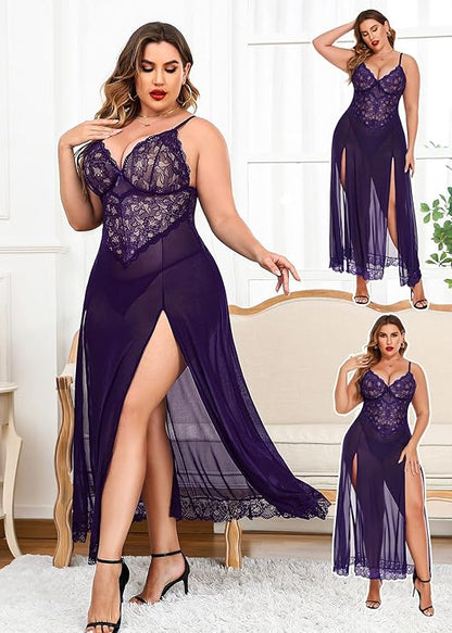 Women’s Plus Size Blue Lace Nightwear with Side Slits