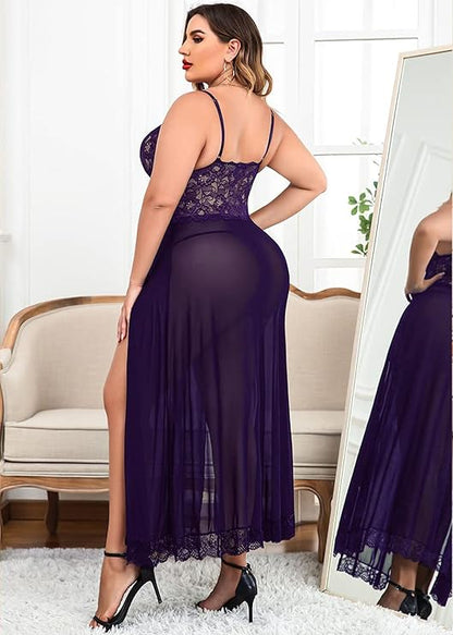 Women’s Plus Size Blue Lace Nightwear with Side Slits