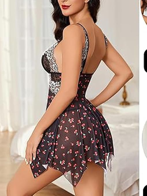 Women’s V-Neck Lace & Mesh Babydoll Nightwear – Sexy Honeymoon Lingerie | AdultsSttuf