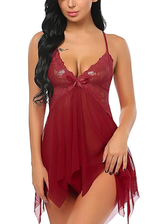Women’s V-Neck Lace & Mesh Babydoll Nightwear – Sexy Honeymoon Lingerie | AdultsSttuf