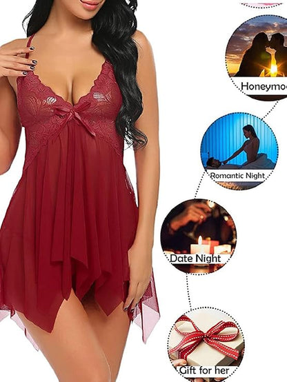 Women’s V-Neck Lace & Mesh Babydoll Nightwear – Sexy Honeymoon Lingerie | AdultsSttuf