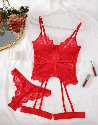 Women’s Premium Lace Net Babydoll Bodysuit Lingerie Set