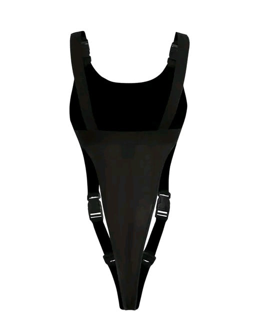 Women Solid Black Cut-Out Strap Style Fashion Bodysuit